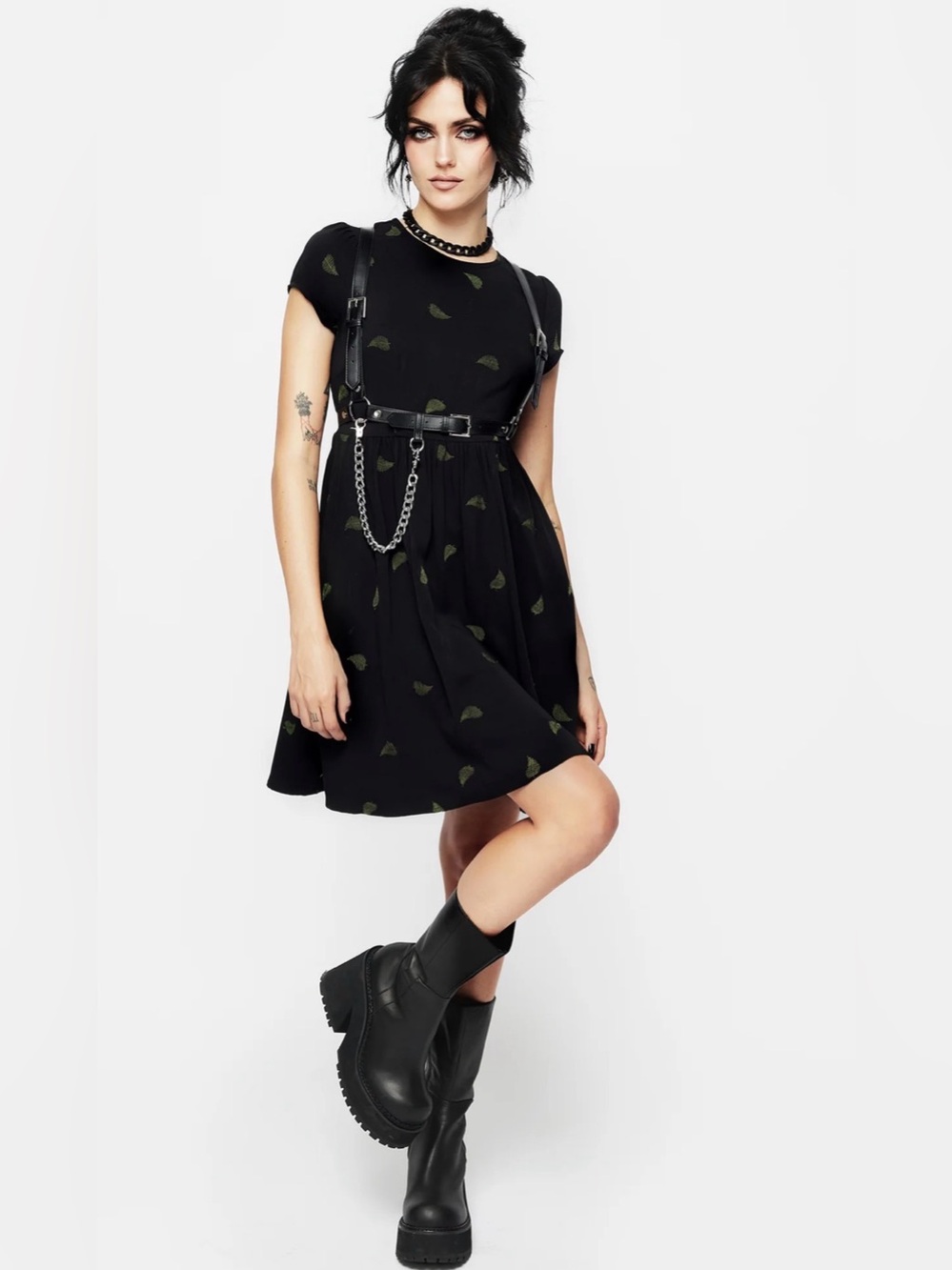 Disturbia Osmunda Fern Embroidered Mini Skater Dress US 10 Black Green Goth